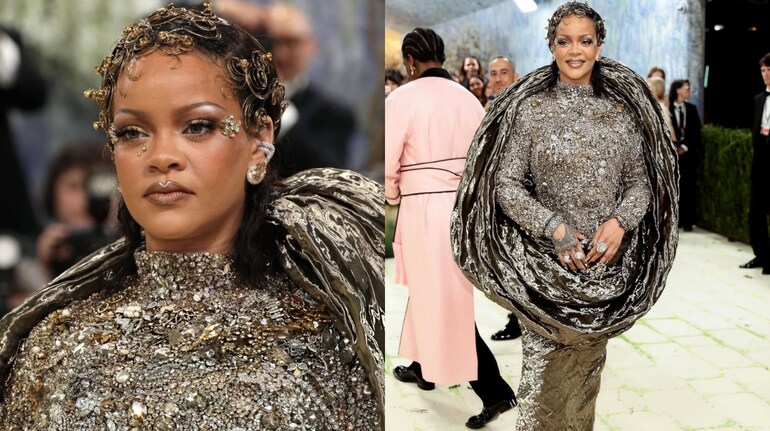 Rihanna arrives at Met Gala 2026 in shimmering sculpture gown by
