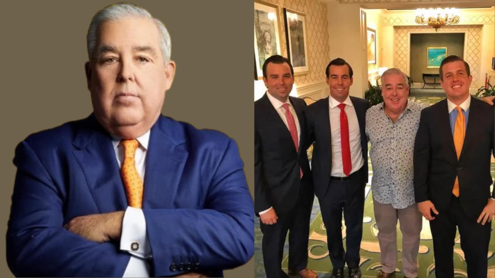 John Morgan poses formally alone and casually with his three sons in a hotel lobby