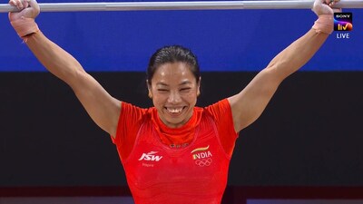 Mirabai Chanu in action at women's 49kg weightlifting final at Asian Games