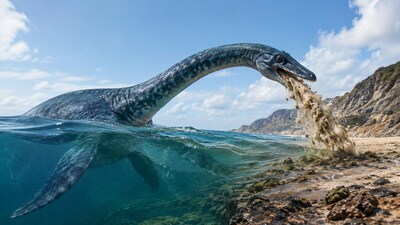 Jurassic plesiosaurs fed and disposed of indigestible food on the shore. (Image: AI generative)