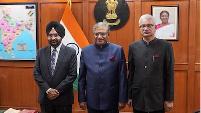 CEC Gyanesh Kumar with Election Commissioners Sukhbir Singh Sandhu, left, and Vivek Joshi (PTI File Photo)