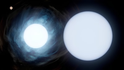 Size comparison of the Sun with two massive stars in the Wolf-Rayet 140 binary system. (Image: NASA/JPL-Caltech)