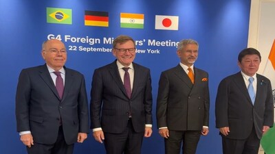 (From left) Brazil's Foreign Minister Mauro Vieira, Germany's Johann David Wadephul, External Affairs Minister S Jaishankar and Japan Foreign Minister Motegi Toshimitsu.