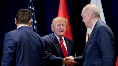US President Donald Trump shakes hands with Turkish President Recep Erdogan as they attend a multilateral meeting with leaders from the Gulf Cooperation Council, which includes the United Arab Emirates (UAE), Qatar, Bahrain, Kuwait, and Oman, during the 81st United Nations General Assembly (UNGA) in New York City, US, September 22, 2026. REUTERS/Kylie Cooper