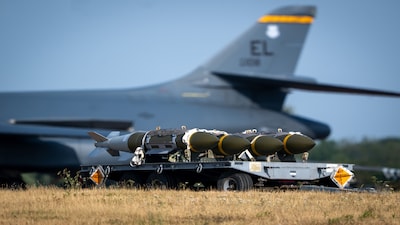 Munitions seen near a B1 bomber at RAF Fairford on July 24, 2026 in Fairford, England.  (Image: Bloomberg/Getty Images)