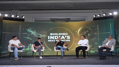 From left: Pixxel co-founder Kshitij Khandelwal, Ather Energy co-founder Swapnil Jain, Bluehills VC general partner Manu Iyer, Skyroot Aerospace co-founder N Bharath Daka and ePlane Company CEO Satya Chakravarthy at the Moneycontrol Startup Conclave in Bengaluru on September 26