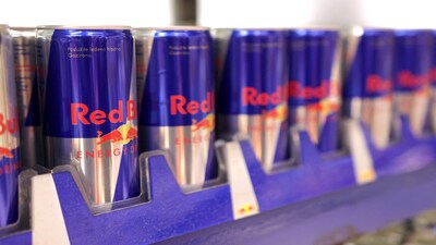 Cans of Red Bull Energy Drink are displayed on a shelf in a supermarket in Sarajevo, Bosnia and Herzegovina October 29, 2024. ( REUTERS)