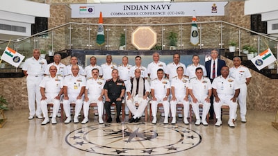 Union Minister Rajnath Singh at the Indian Navy Commanders' Conference in New Delhi. 