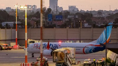 The flydubai Boeing 737 MAX 8 aircraft is pictured on the tarmac after landing at Israel's Ben Gurion Airport (AFP image)