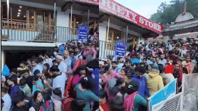 The footage shows devotees making their way through the crowded temple complex, with some seen struggling to move through the rush and pushing their way down a staircase.(Image credit: Instagram/@dinesh_bora_uk_01