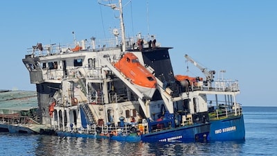 The fire-damaged "Royad Mammadov" ship in the Black Sea after a fire aboard the vessel outside Romania's territorial waters left two people dead and prompted a rescue operation in which others were rescued, in this handout image released on October 5, 2026. Romanian Interior Ministry/Handout via REUTERS 