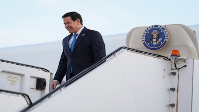 US Secretary of State Marco Rubio arrives at Keflavik Airport as part of his three-nation  Europe tour. (Credit: AFP)