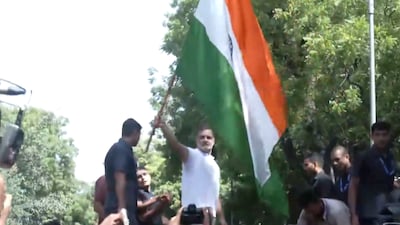 Rahul Gandhi waves the Tricolour as he climbs atop a police barrier during INDIA bloc MPs' protest against the ECI (Image: IANS)