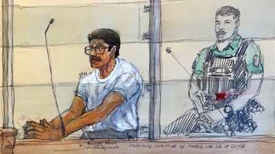This courtroom sketch made on October 5, 2026 shows Indian national Rohan Rane (L) appearing during his trial for having run a masculinist discussion group and over allegedly forcing minors in which young girls, most of them minors, were forced to engage in sexual acts online and to mutilate themselves, at the assizes courthouse in Paris. (Photo by Benoit PEYRUCQ / AFP) / GETTYOUT