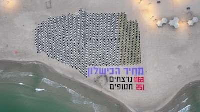 A drone view shows an installation depicting bodies, on the third anniversary of the deadly October 7, 2023, Hamas-led attack from Gaza, at a beach in Tel Aviv, Israel, October 7, 2026 in this picture obtained from social media. Text reads: "The price of failure. 1163 murdered. 251 hostages". Aviv Atlas/via REUTERS