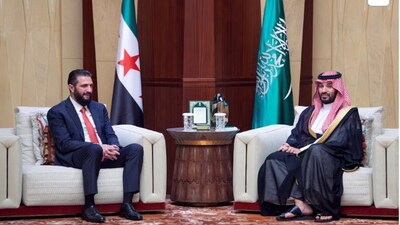 Syrian President Ahmed al-Sharaa (left) travelled to Riyadh on Tuesday and met Saudi Crown Prince Mohammed bin Salman. (Credit: Reuters)
