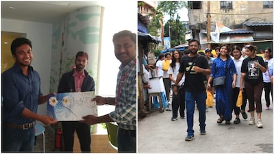 Soham Chakrabarty during his farewell at Oracle in Bengaluru and (right) leading a group of tourists during a heritage walk in Kolkata. (Image credit: Moneycontrol)