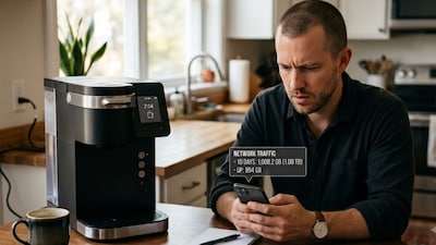 A smart coffee maker records unusually high data traffic, puzzling a tech professional.  (AI-generated representative image)