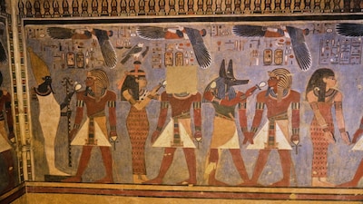 Restored artifacts seen at the tomb of Amenhotep III, who ruled ancient Egypt between 1390 B.C. and 1350 B.C., in the Valley of Kings in the southern city of Luxor, Egypt, Saturday, Oct. 4, 2025, as it opened to visitors for the first time in more than two decades. Credit: AP Photo/Amr Nabil