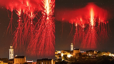 Rare red flashes light up the night sky above Mediterranean thunderstorms. (Image: florian.riou/ Instagram)