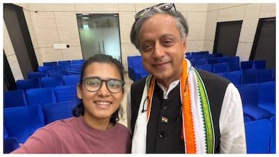 Student activist Neha Bora with Congress leader Shashi Tharoor (Courtesy: X | @ShashiTharoor)