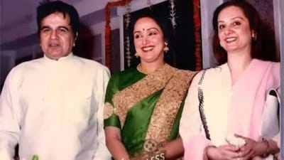 The first photo has Saira Banu, Dilip Kumar and Hema Malini posing together, all smiling. Hema can be seen looking elegant in a green saree, standing between the couple.