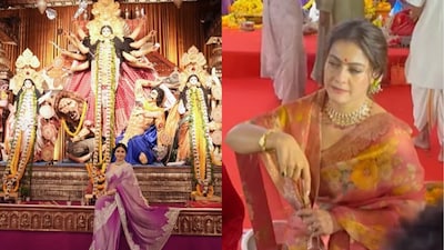 Tanishaa shared a series of pictures from the North Bombay Sarbojanin Durga Puja, where she was seen dressed in a lavender-purple saree featuring intricate silver embroidery along the border.

