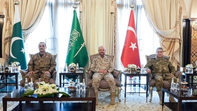 Turkish Chief of General Staff General Selcuk Bayraktaroglu meets with Saudi Arabia's Chief of General Staff General Fayyadh bin Hamed Al-Ruwaili and Pakistan's Chief of Defence Forces and Chief of Army Staff Field Marshal Asim Munir in Riyadh, Saudi Arabia, September 25, 2026. Turkish Defence Ministry/Handout via REUTERS 